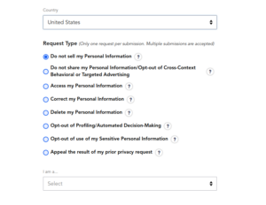 Radio button menu, with note that can only submit one request per application. There are eight options.